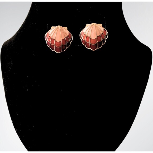 RARE Vintage Pink Coral Burgundy Shell Cloisonne Earrings | 1988 Avon NIB - Picture 2 of 4